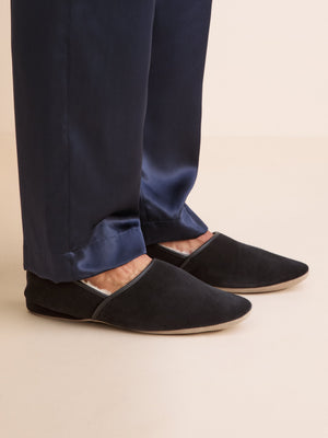 Derek Rose Crawford shearling slippers, black, worn on foot