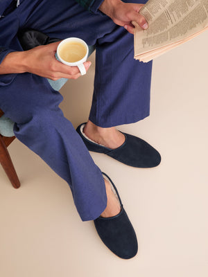 Derek Rose Crawford shearling slippers, navy, product shot