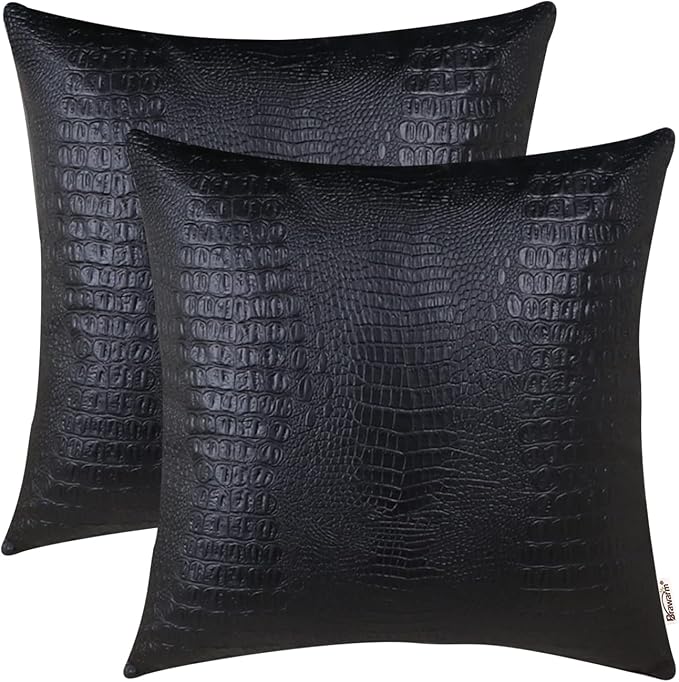 BRAWARM Faux Leather Pillow Covers — Black Crocodile, 2-Pack