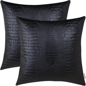 BRAWARM Faux Leather Pillow Covers — Black Crocodile, 2-Pack