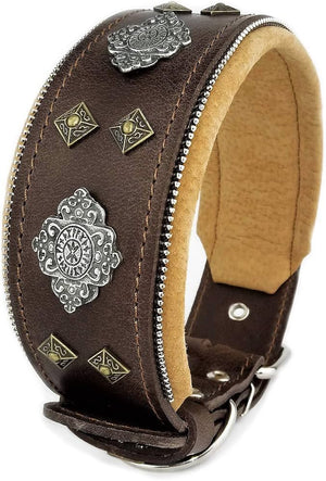 Bestia Aztec studded leather dog collar, brown, padded nappa lining and buckle detail