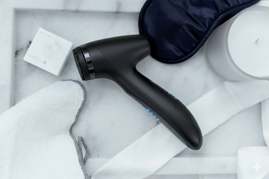 Black LumiSpa device on a marble surface with a white square and dark blue sleep mask.