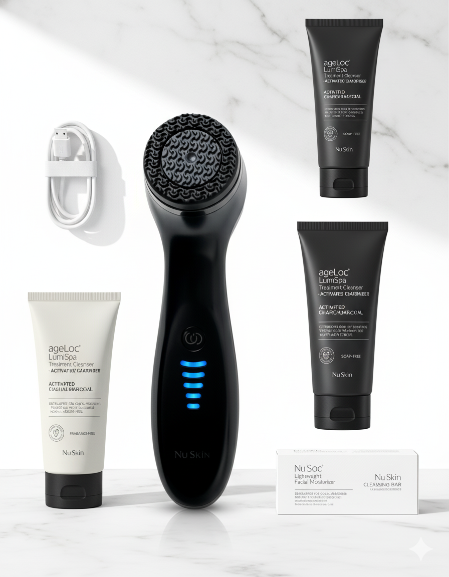 Black Lumi Spa skin care device with Nu Skin products on a white background