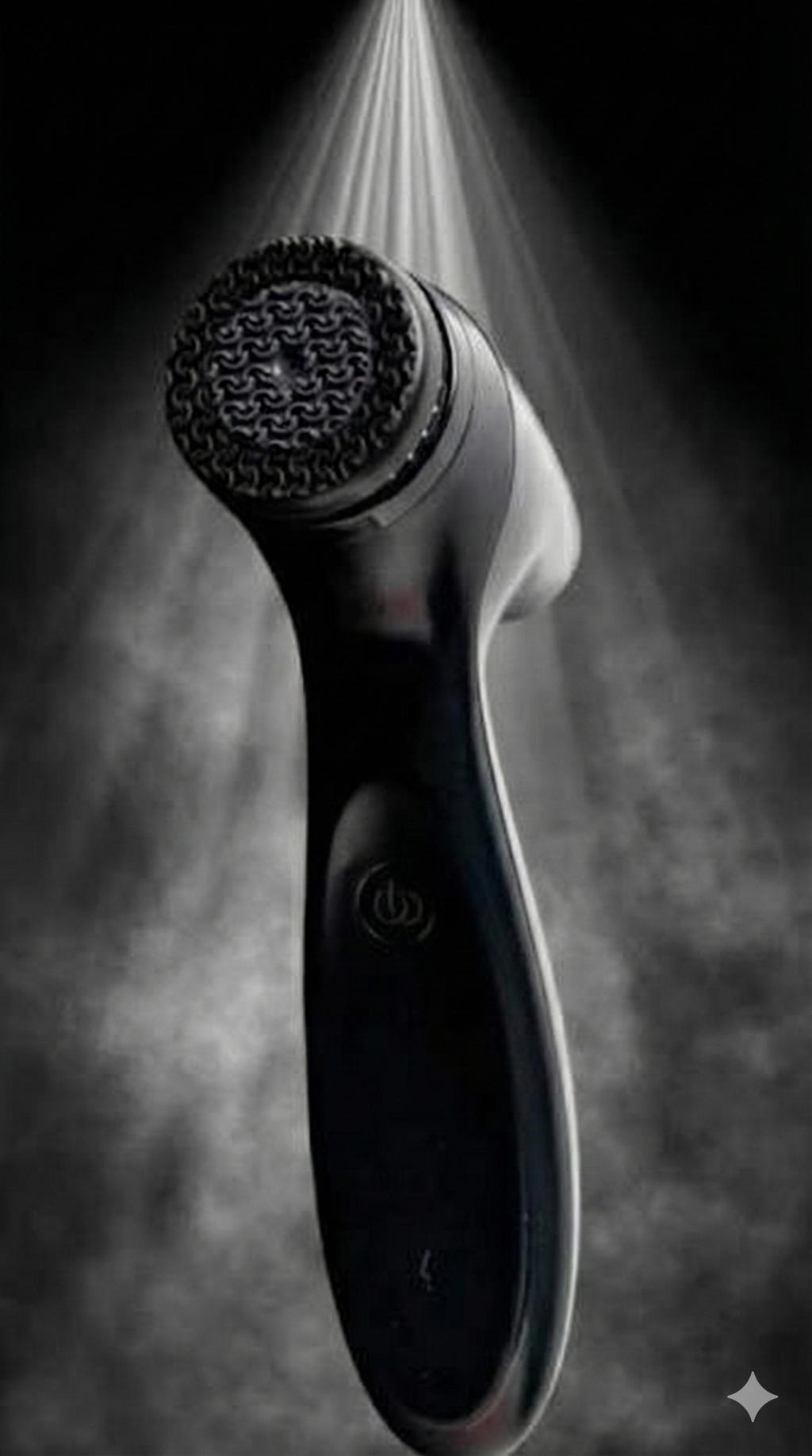 Black handheld LumiSpa device with textured head on a dark background