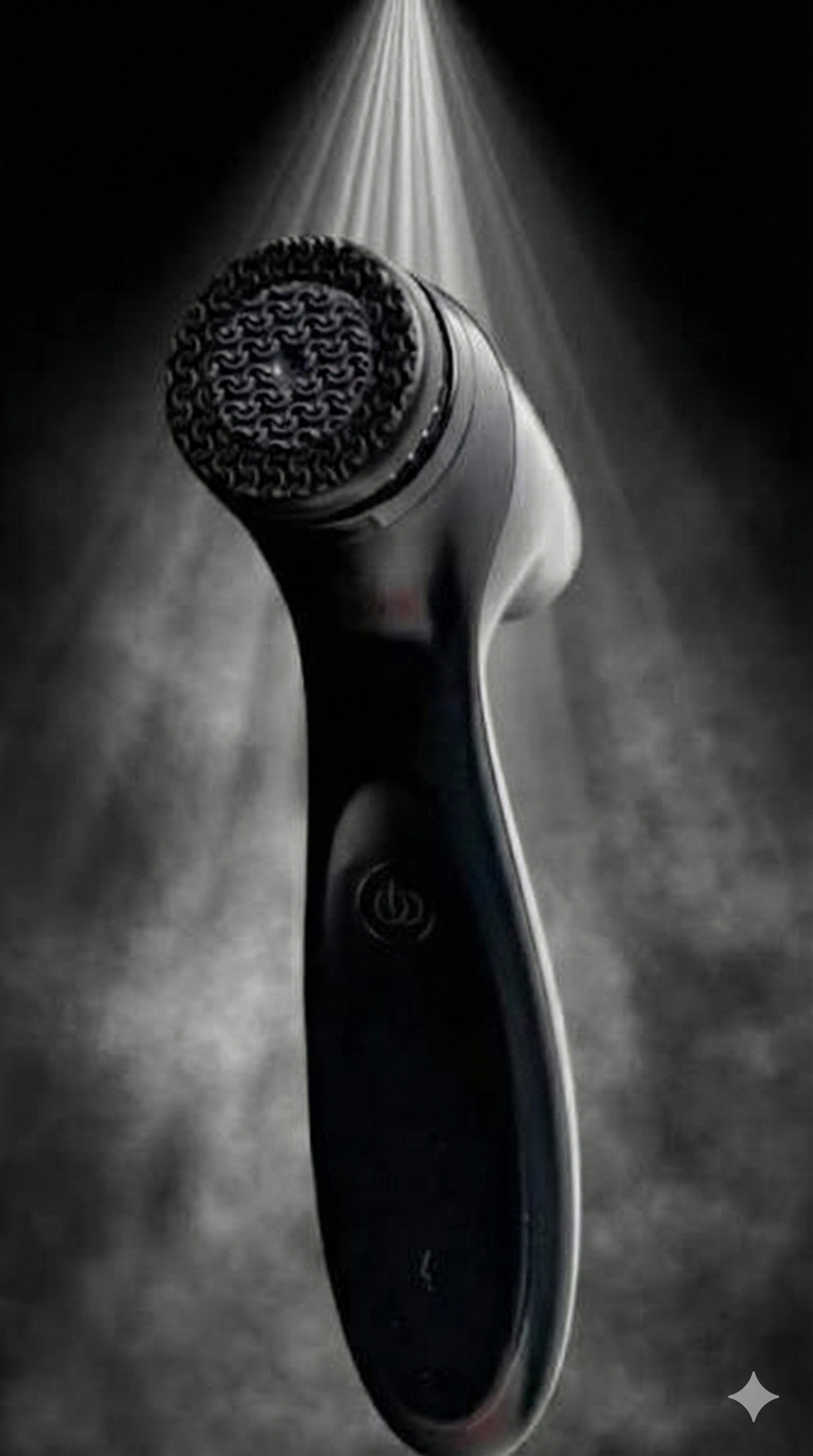 Black handheld LumiSpa device with textured head on a dark background