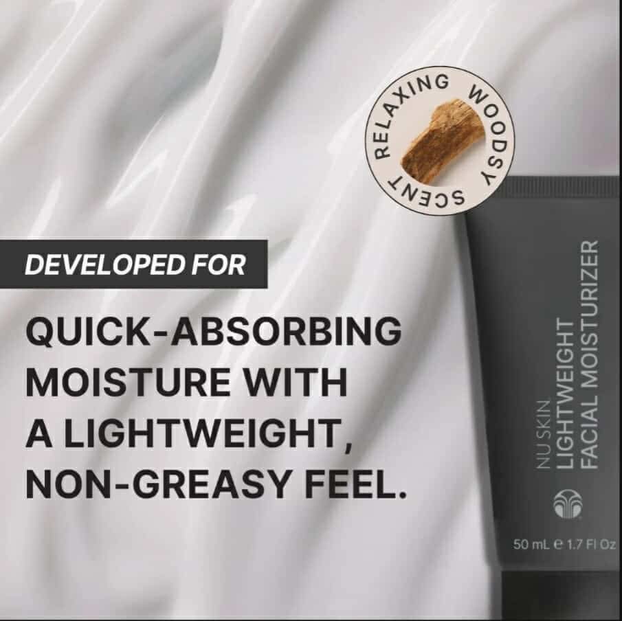 Facial moisturizer packaging with text about quick-absorbing moisture and non-greasy feel on a white background.