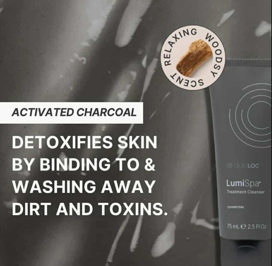 LumiSpa treatment cleanser with activated charcoal on a dark background