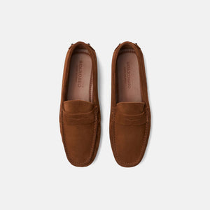Scarosso Michael driving shoe, cigar suede penny driver, side view