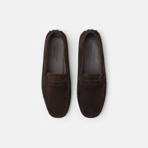 Scarosso Michael driving shoe, brown suede penny driver, top view