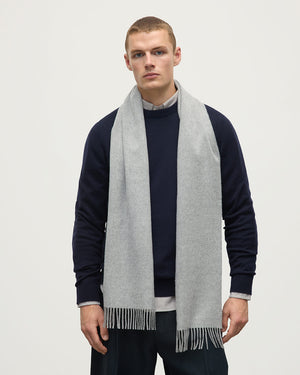 Johnstons of Elgin light grey cashmere scarf, worn