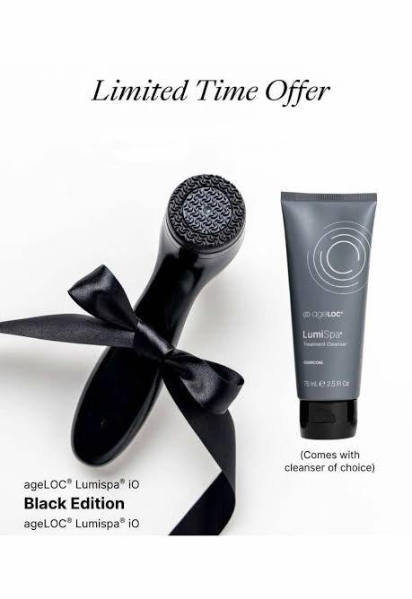 ageLOC LumiSpa iO Black Edition device with a tube of cleanser on a white background, featuring a limited time offer text.