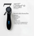 ageLOC LumiSpa io Black Edition device with text on facial skin benefits on a white background