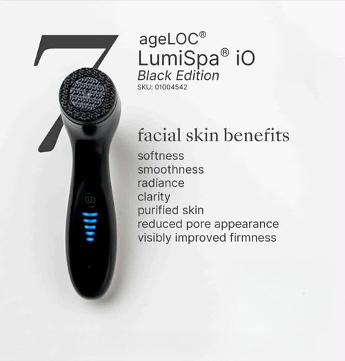ageLOC LumiSpa io Black Edition device with text on facial skin benefits on a white background
