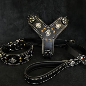 Bestia Aztec studded leather dog collar, black, studio shot