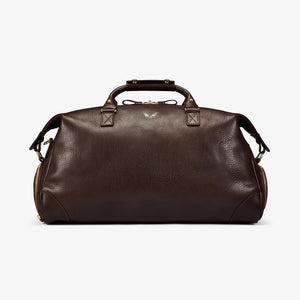Bennett Winch Leather Weekender in brown full-grain leather, angle view
