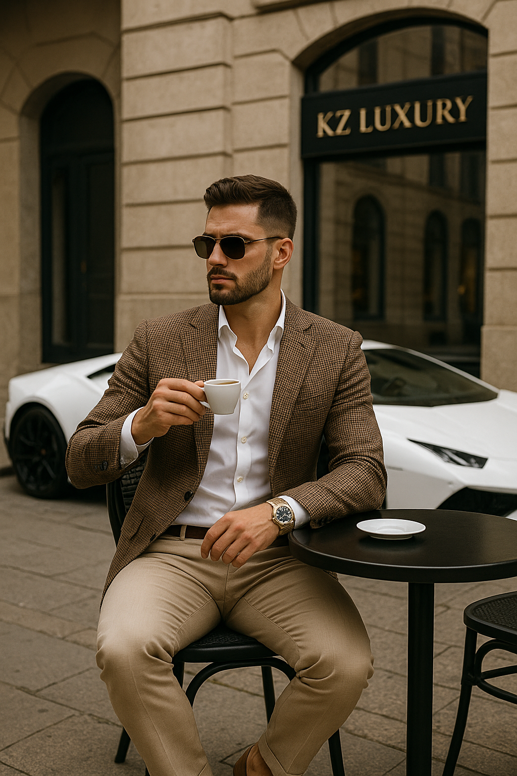 A stylish and confident man wearing a tan blazer, representing the luxury collection from KZ Luxury.