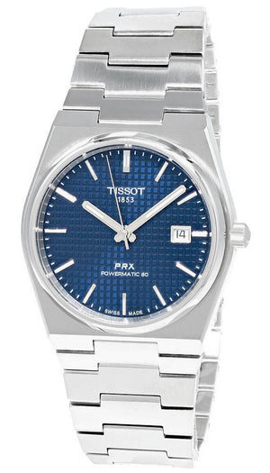 Tissot PRX Powermatic 80 blue dial, front view on stainless steel integrated bracelet