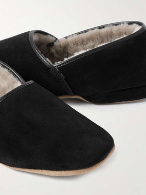 Derek Rose Crawford leather-trimmed shearling-lined suede slippers, studio shot